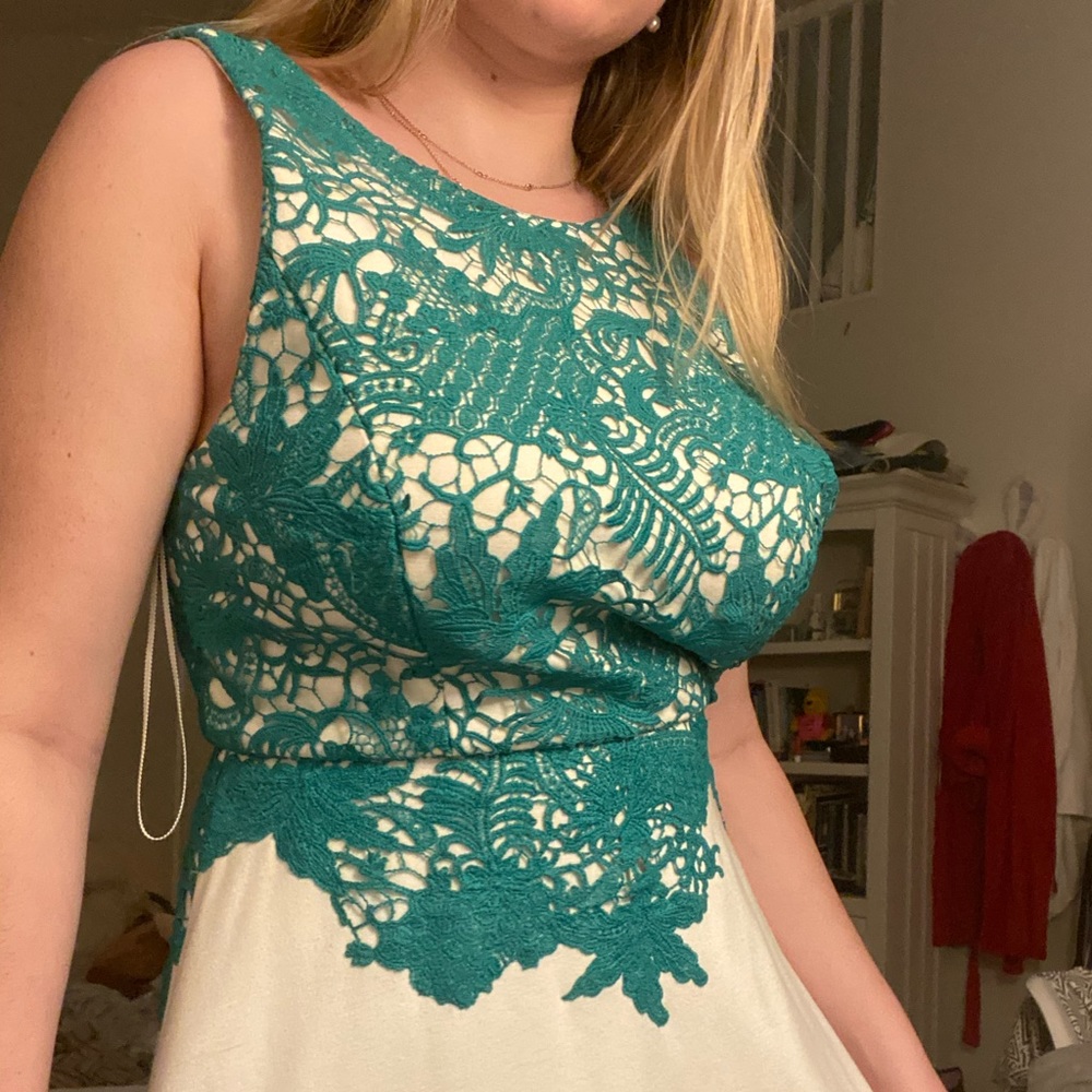 White and green lace dress, the white is a stretchy comfortable material